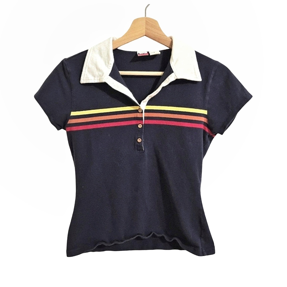 Tilt Vintage Navy Blue & Multi Stripe Crop Top Short Sleeve Polo Shirt Size M